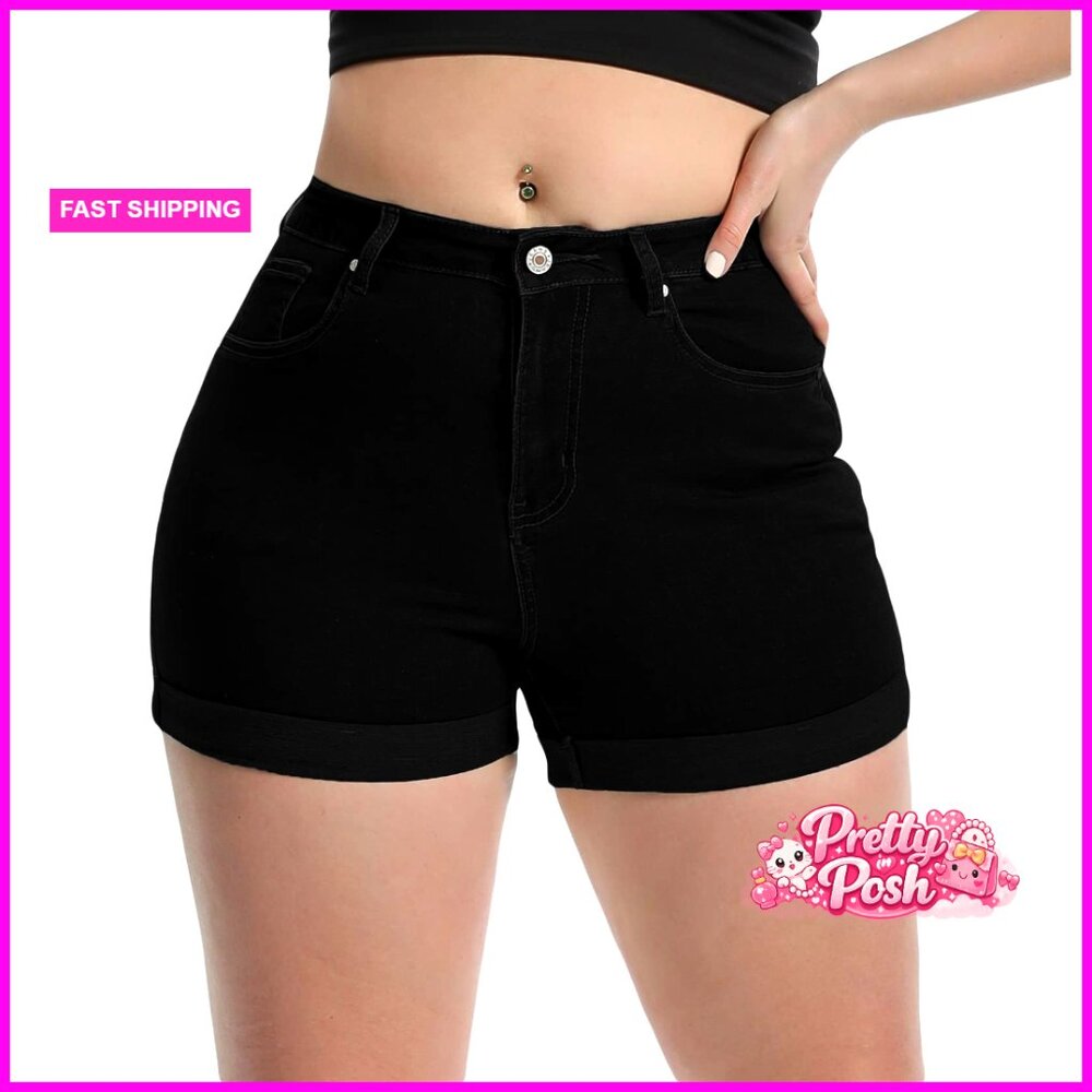 High Waisted Elastic Denim Shorts With Folded Hem, Stretchy Fit